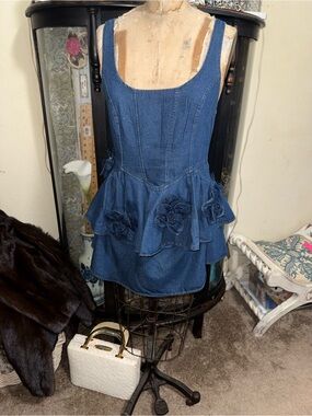 Denim Peplum Mini Dress with Roses Appliqué